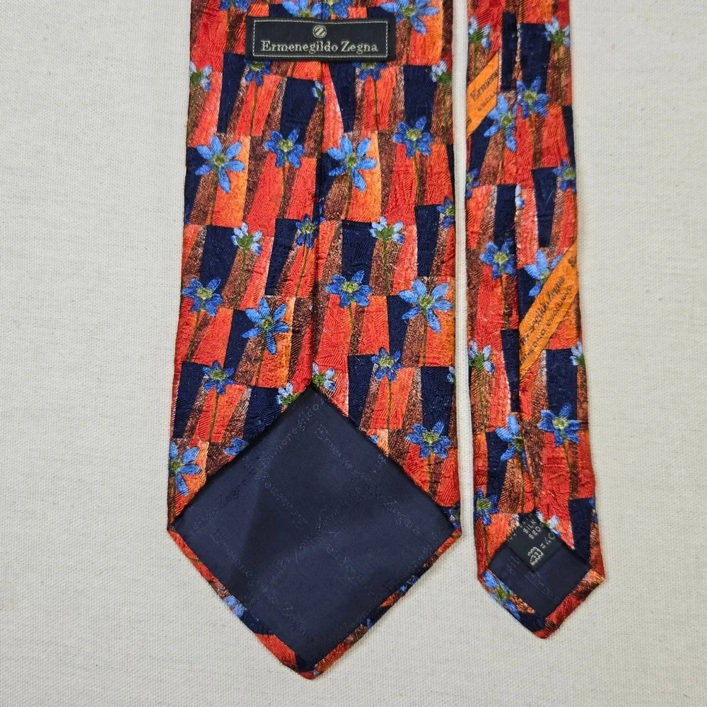 Ermenegildo Zegna Vintage Tie Silk 1990s Orange Navy Floral Made Italy‎ Designer